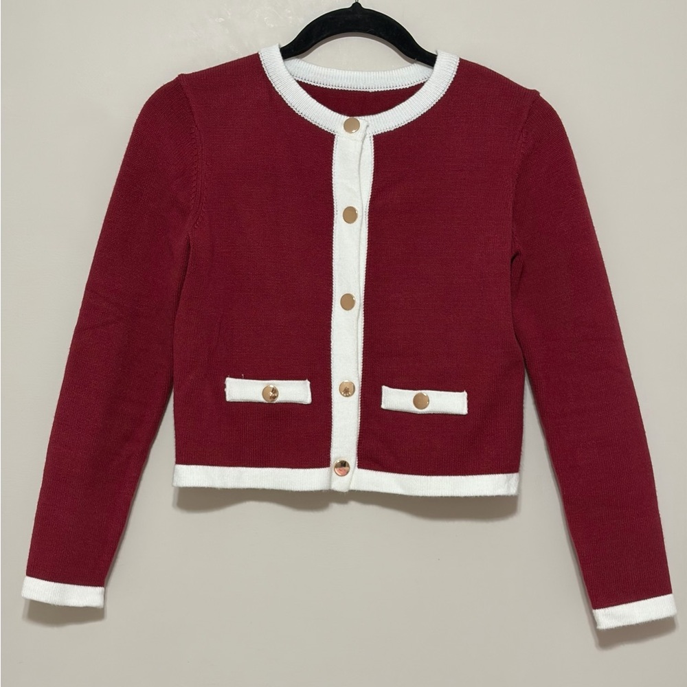 Red and White Cardigan with Gold Buttons